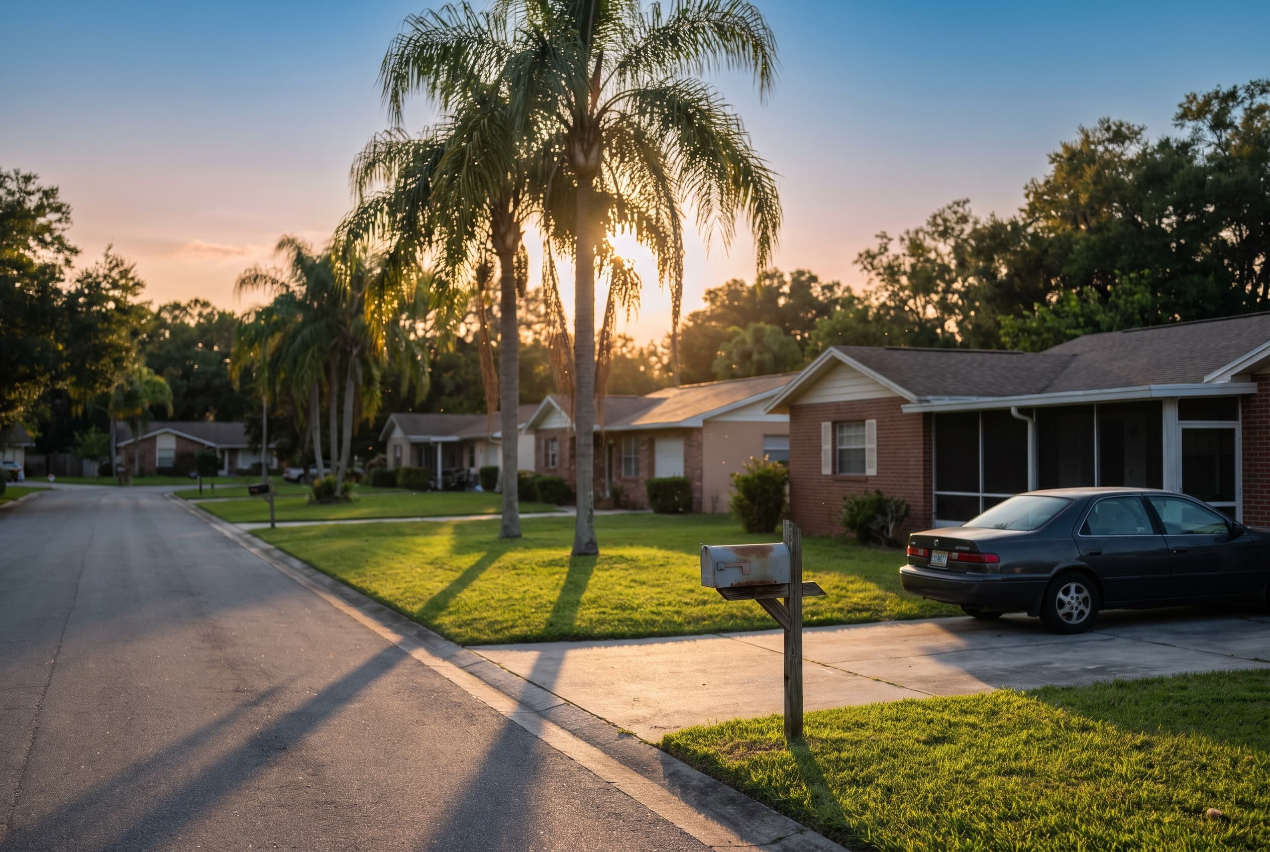A quiet residential street in a Central Florida suburb near a university area at golden hour, lined with palm trees and modes