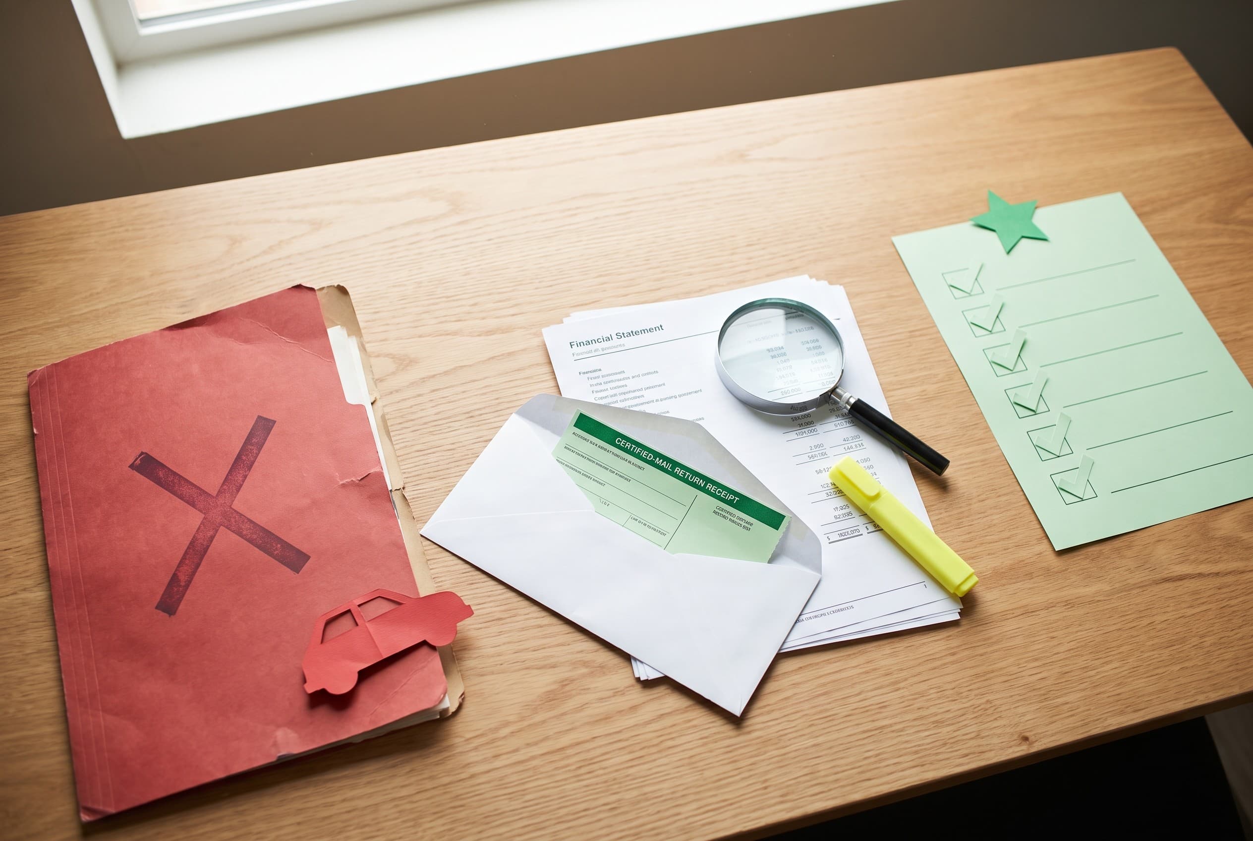 Top-down flat-lay photo on a clean light wood desk explaining a credit dispute. On the left, a red folder with a bold stamped