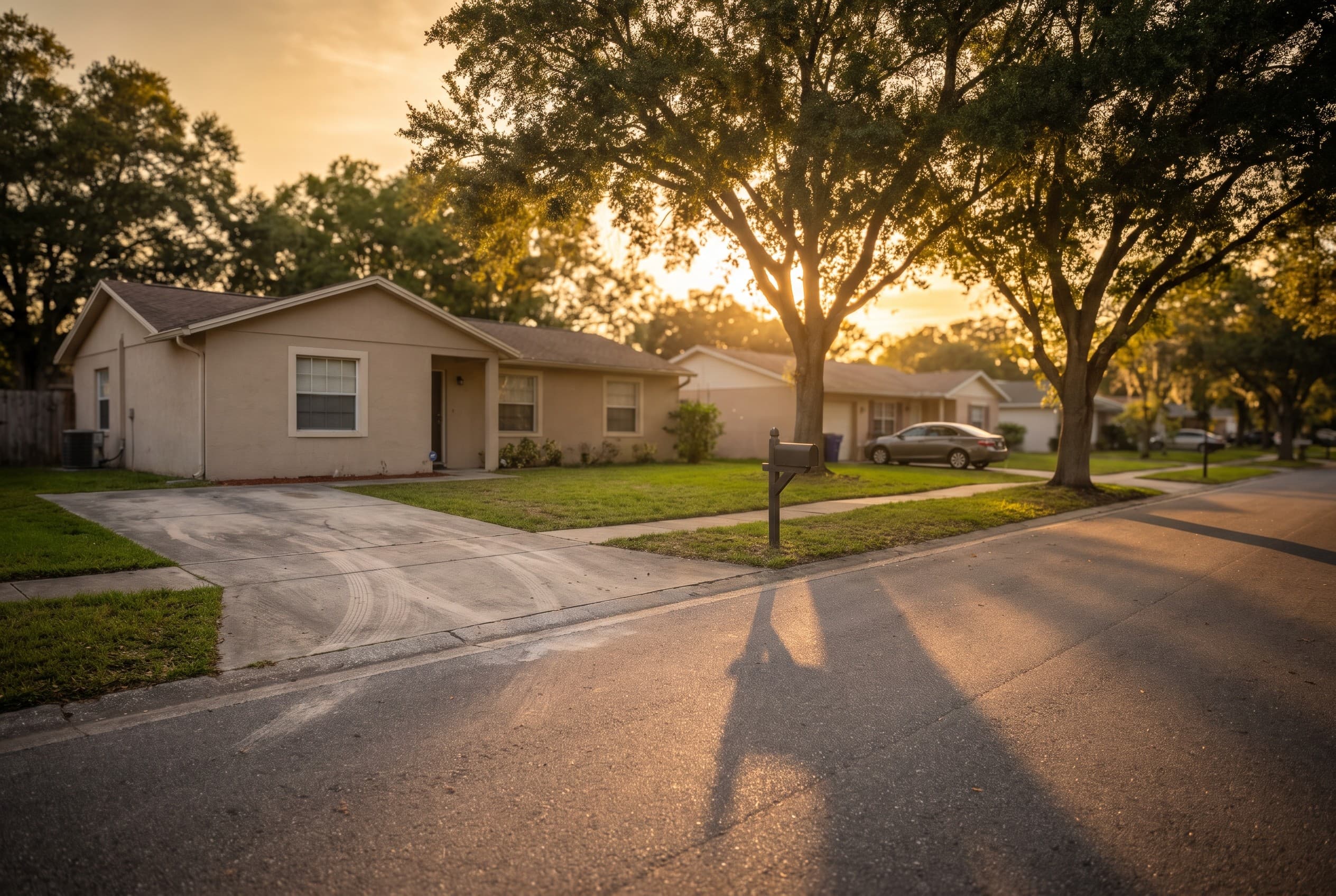 A quiet residential street in Altamonte Springs, Florida at golden hour, lined with live oak trees and neatly kept single-sto