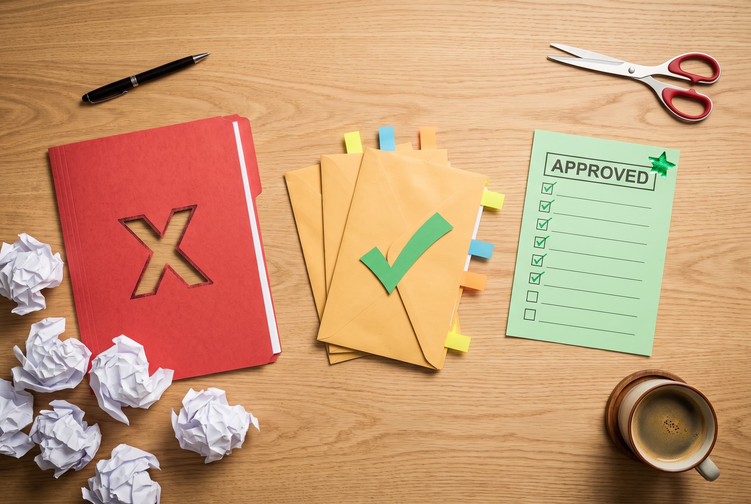 Top-down flat-lay photo on a clean light wood table. On the left, a red folder with a bold stamped X cutout, surrounded by cr