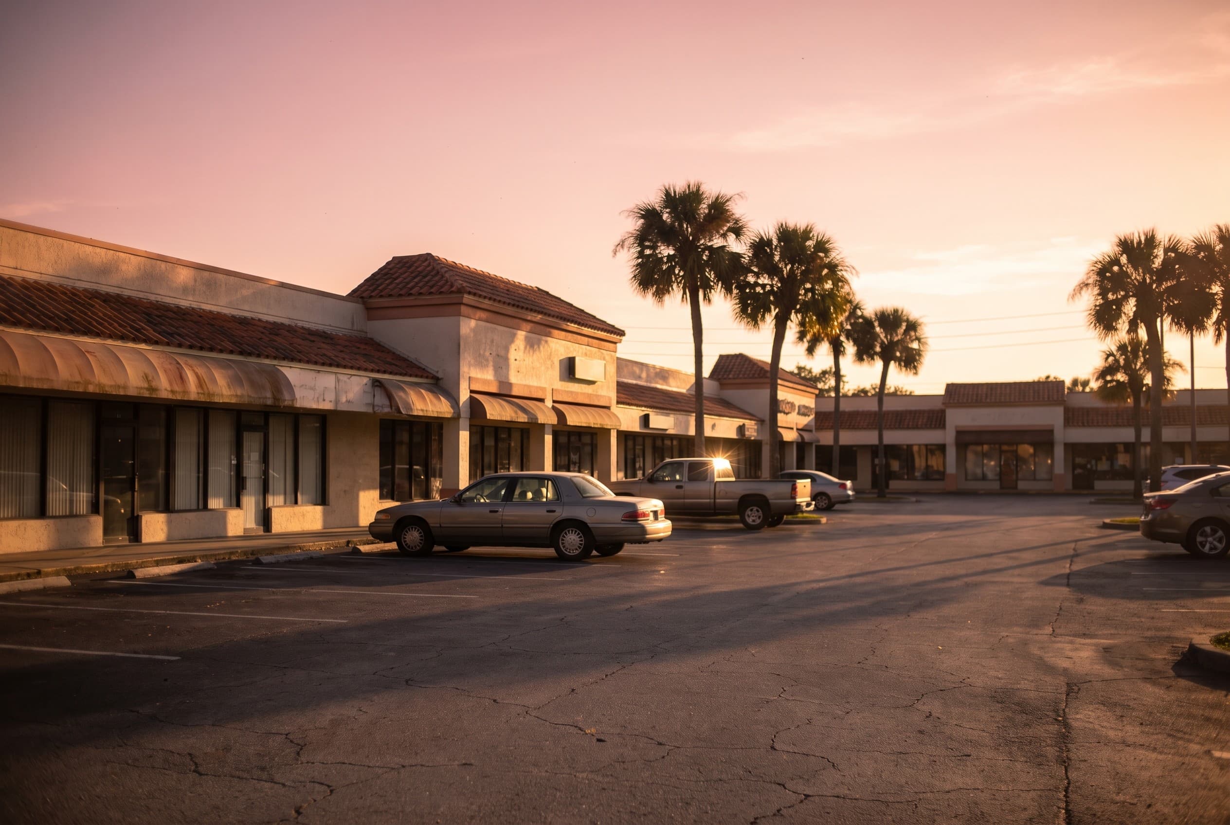 A quiet strip-mall plaza in Kissimmee at golden hour, shot from across the parking lot. A row of modest storefronts with awni