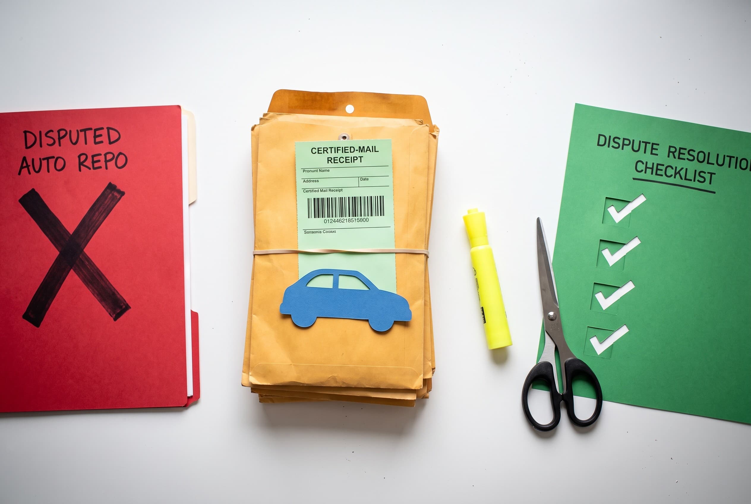 Top-down flat-lay photo on a clean white desk showing the anatomy of a debt dispute. On the left, a red folder with a bold st