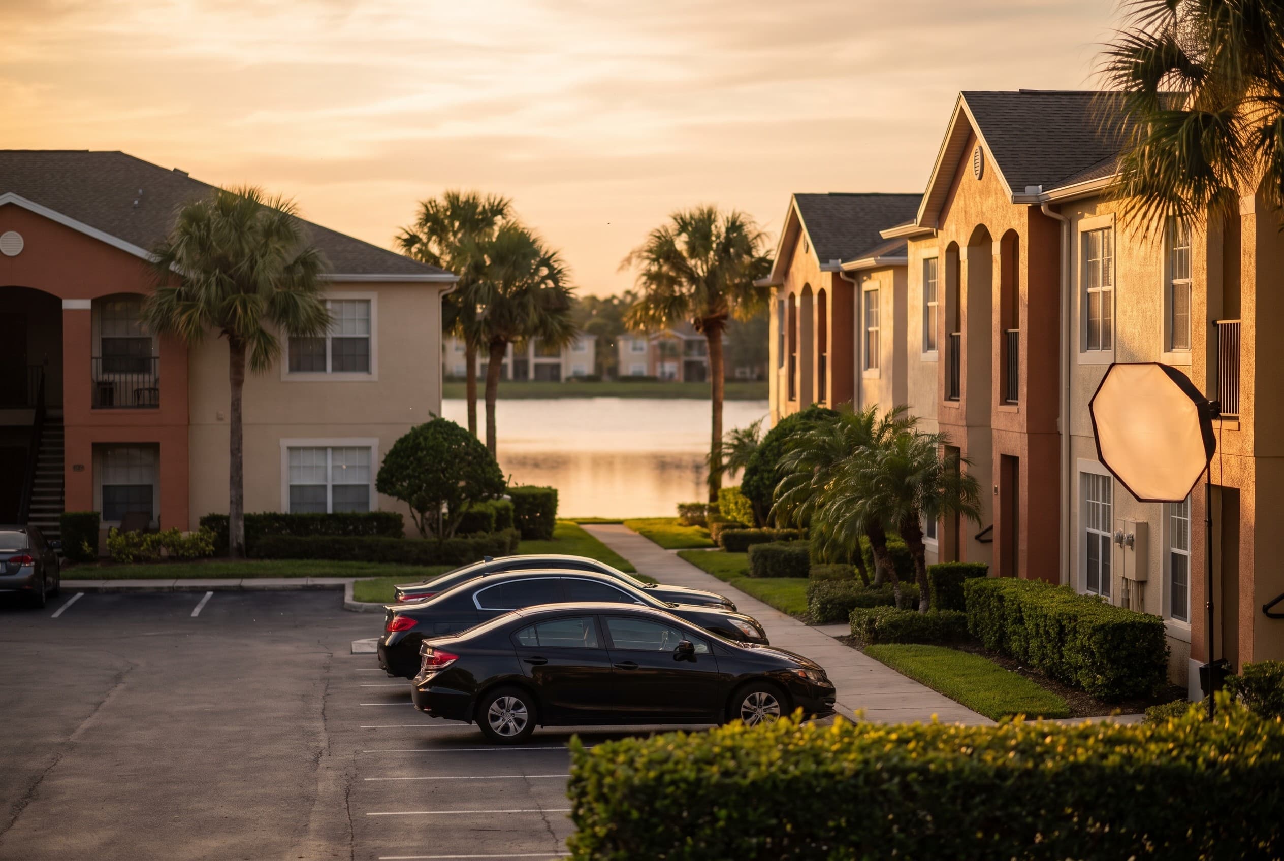 A row of two-story stucco apartment buildings in the MetroWest area of Orlando during golden hour, shot from across a quiet p
