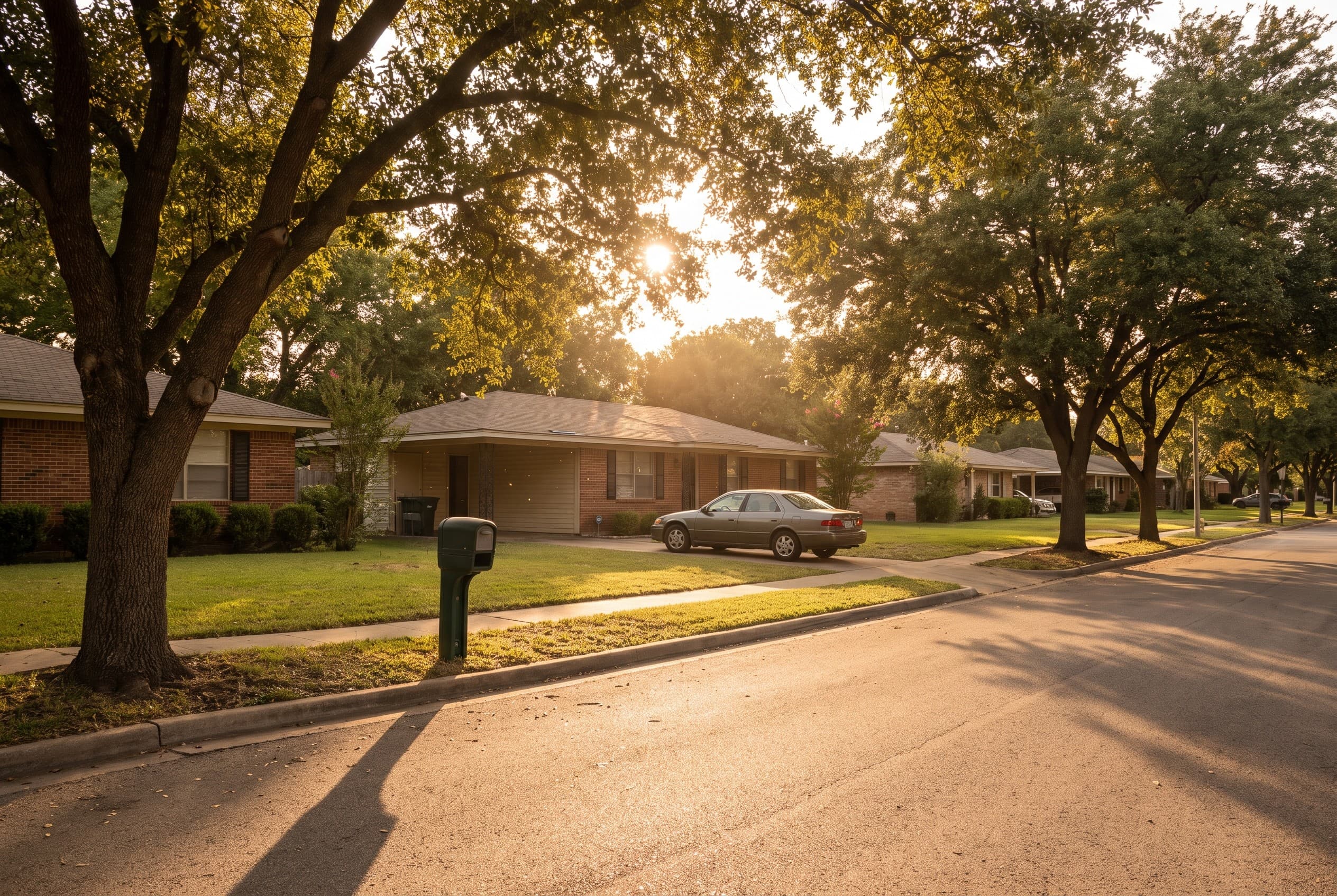 A quiet suburban American street at golden hour, lined with modest single-story homes and mature shade trees. A mailbox stand