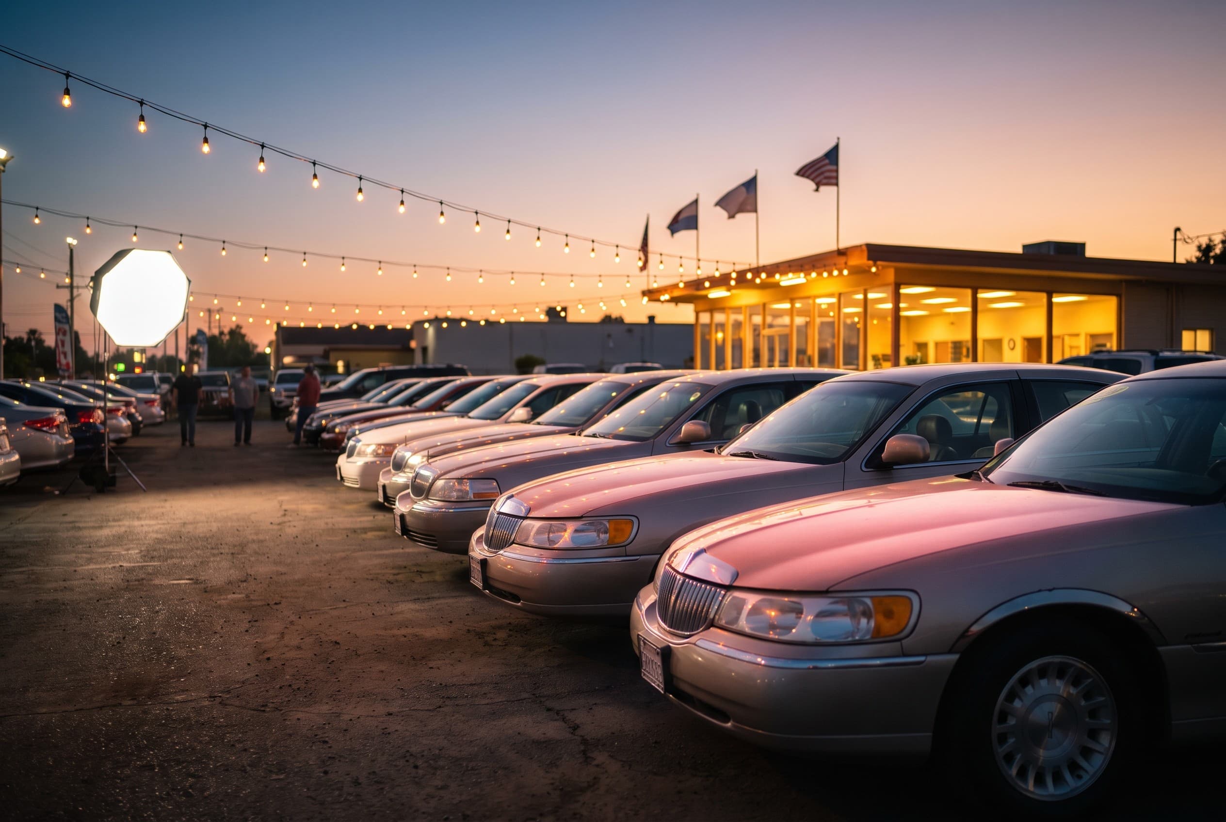 An everyday American car dealership lot at dusk, shot from across the pavement looking toward a row of clean used sedans unde