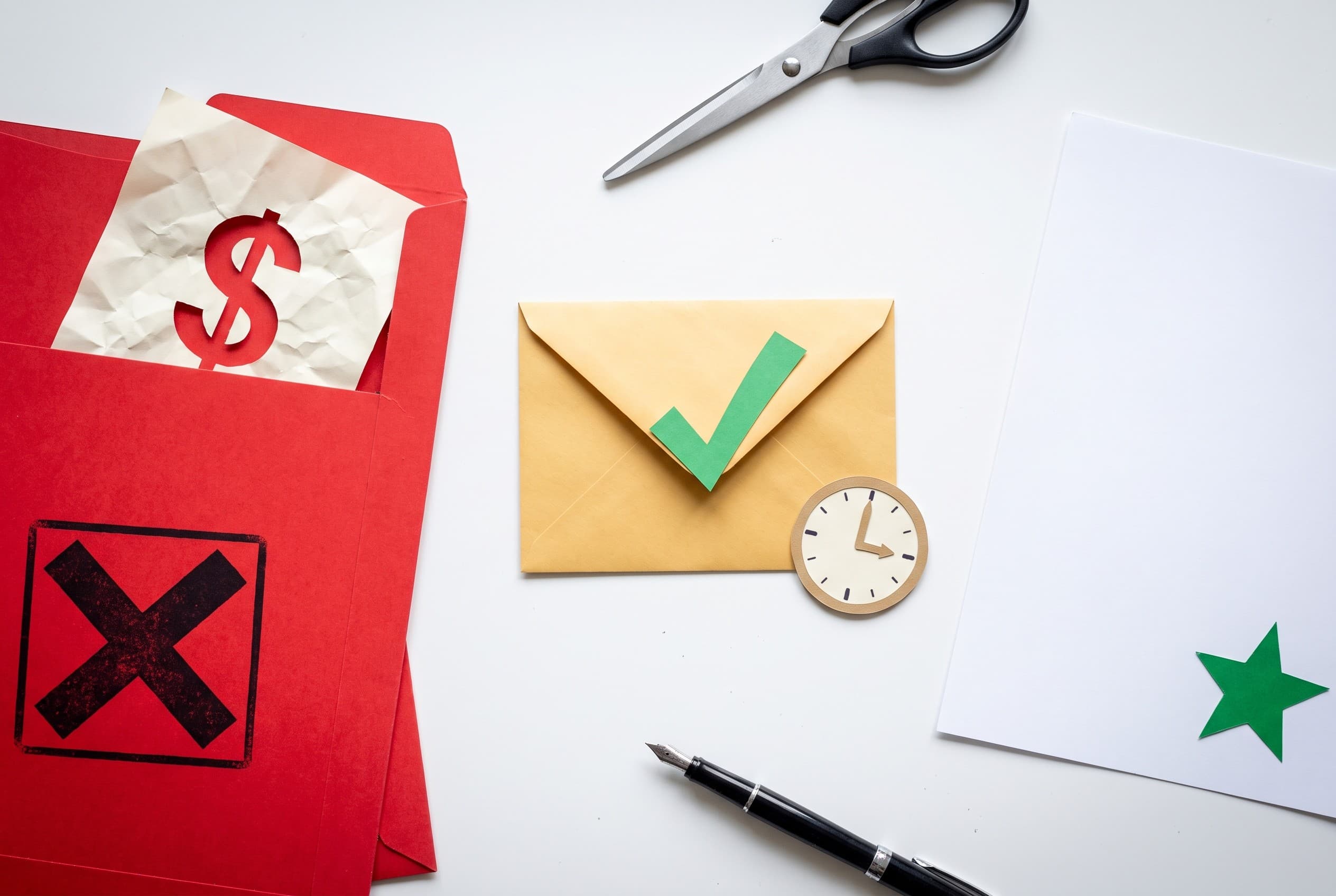 Top-down flat-lay photo on a clean white desk showing a consumer-protection concept. On the left, a red folder stamped with a