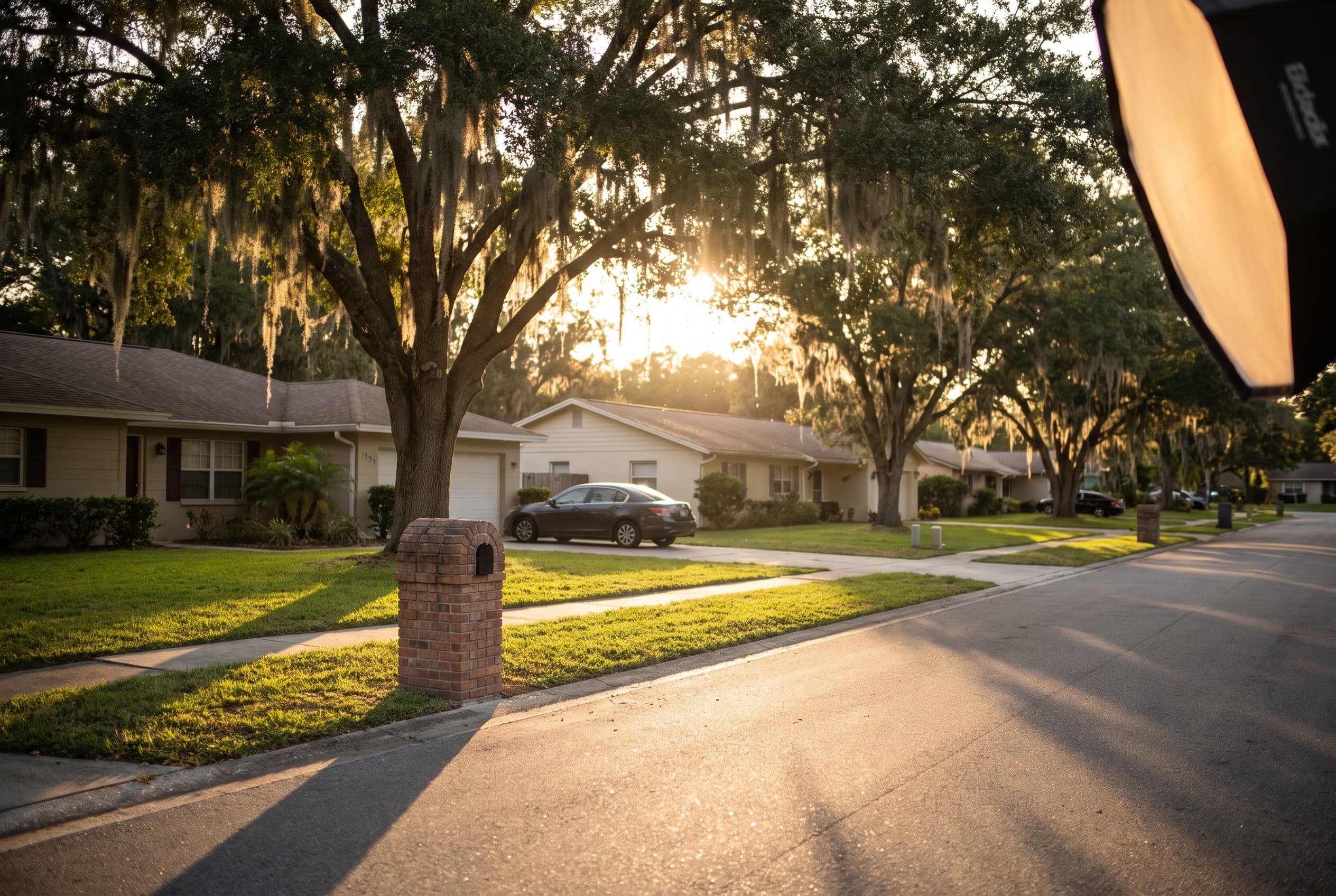 A quiet suburban street in Maitland, Florida at golden hour, lined with mature live oak trees draped in Spanish moss. Modest