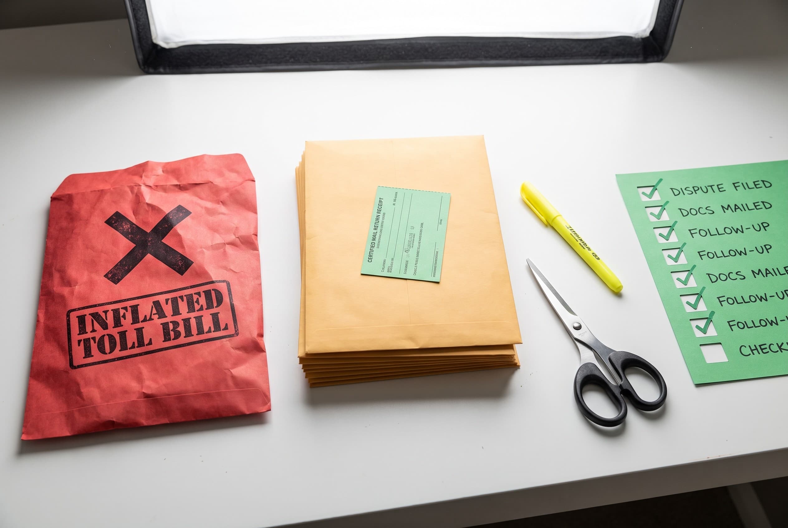 Top-down flat-lay photo on a clean white desk showing the anatomy of a toll dispute. On the left, a crumpled red paper marked
