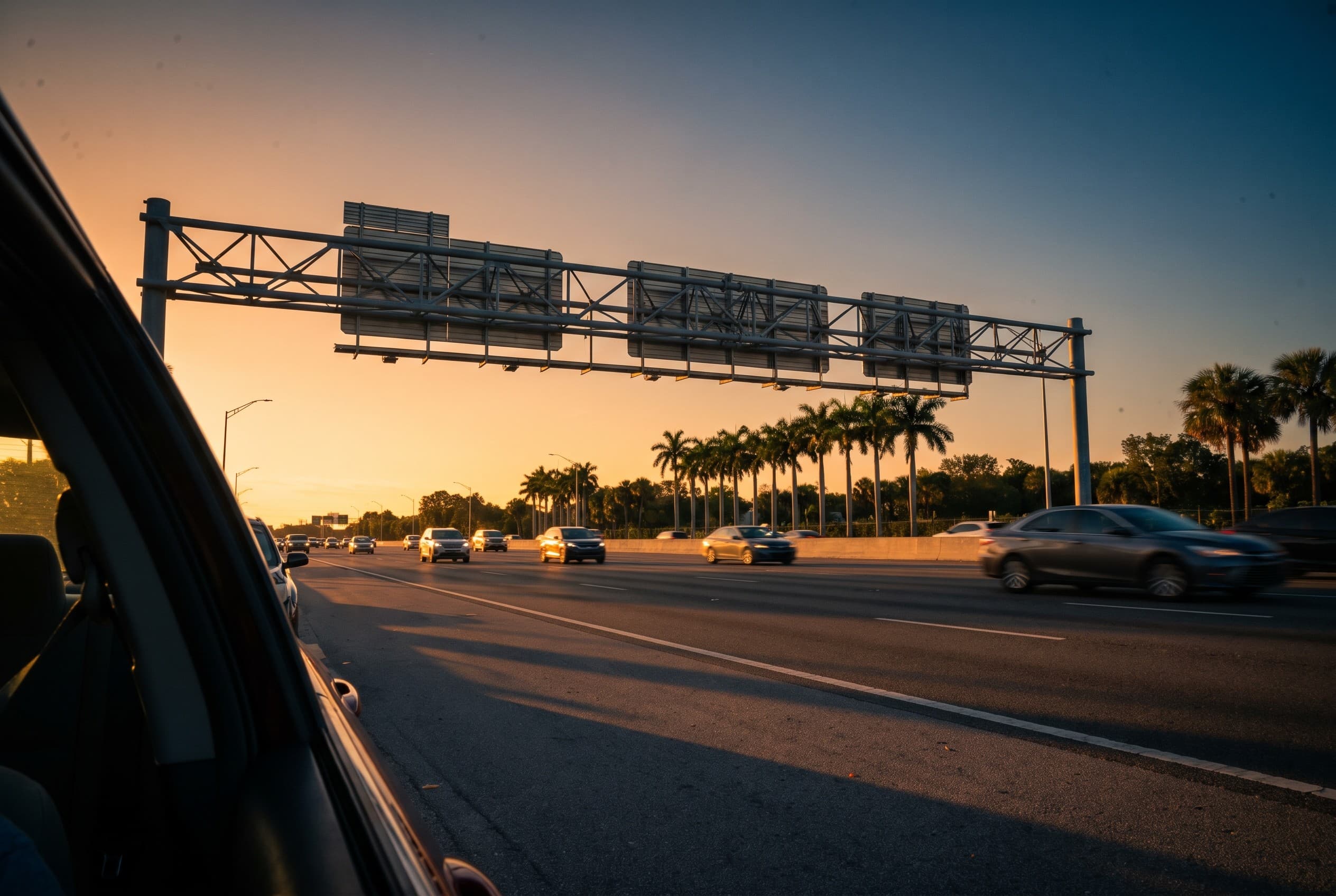 A Florida expressway toll gantry seen from a parked car at golden hour, the overhead toll structure spanning a multi-lane hig