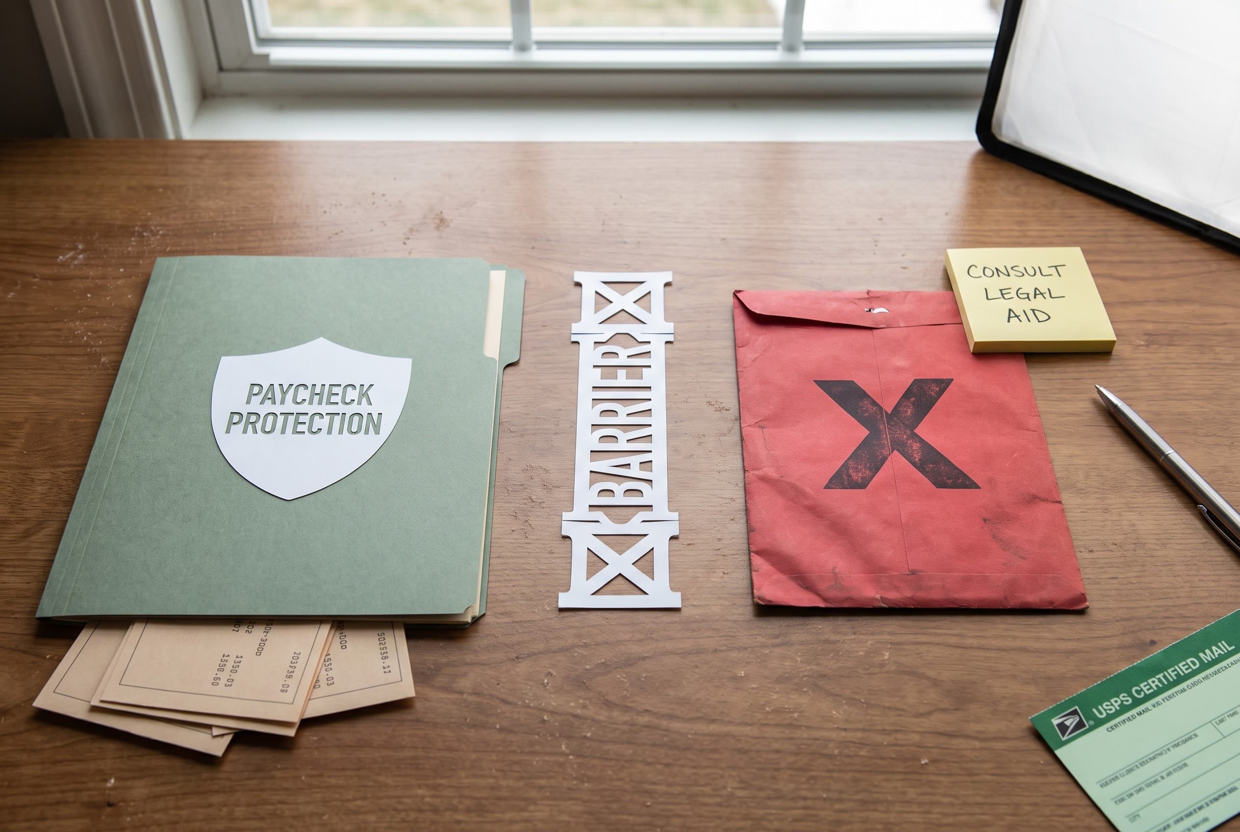 Top-down flat-lay photo on a clean wooden desk showing the concept of protecting a paycheck. On the left, a green folder labe