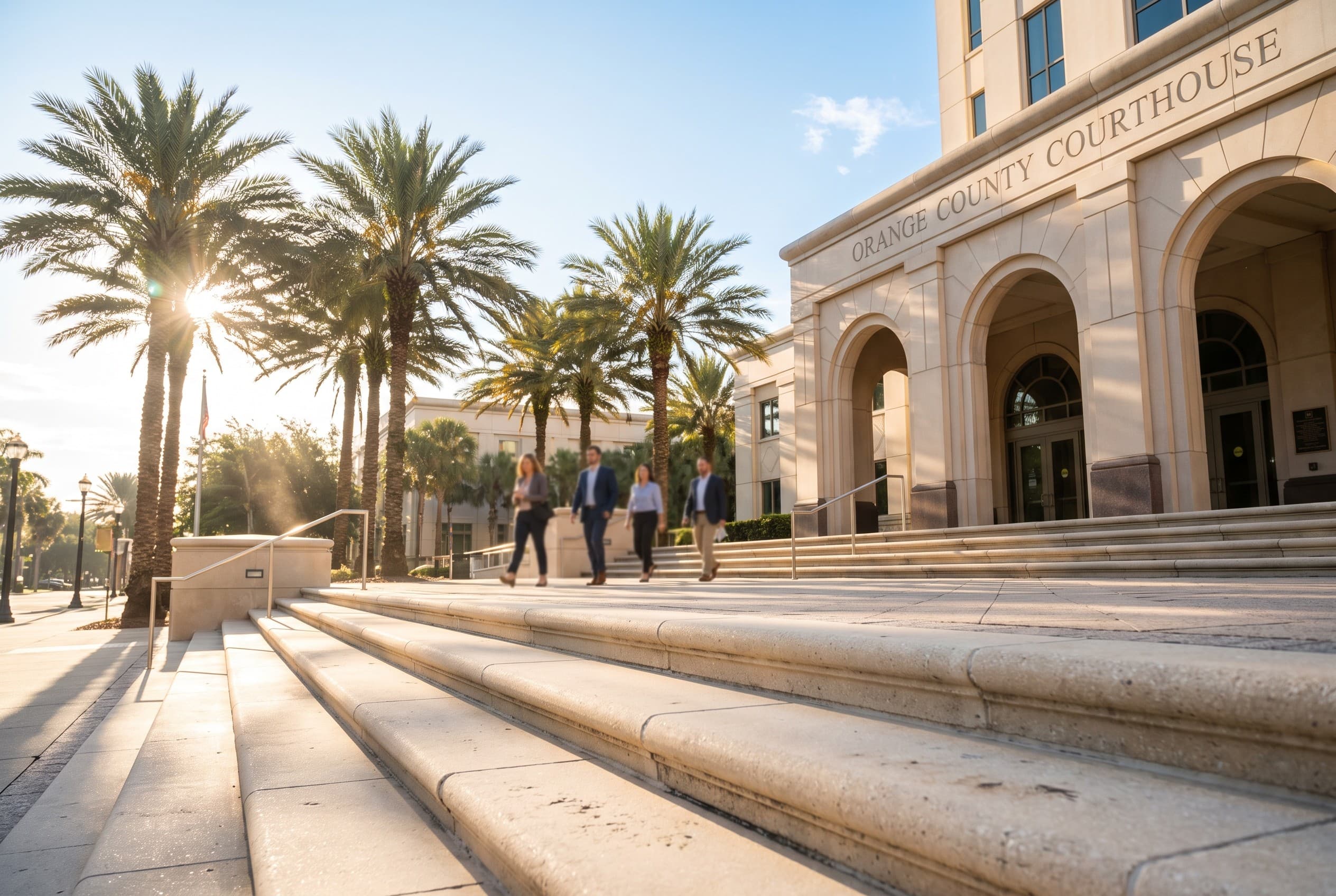 The exterior steps of the Orange County Courthouse in downtown Orlando on a bright morning, shot from street level looking up