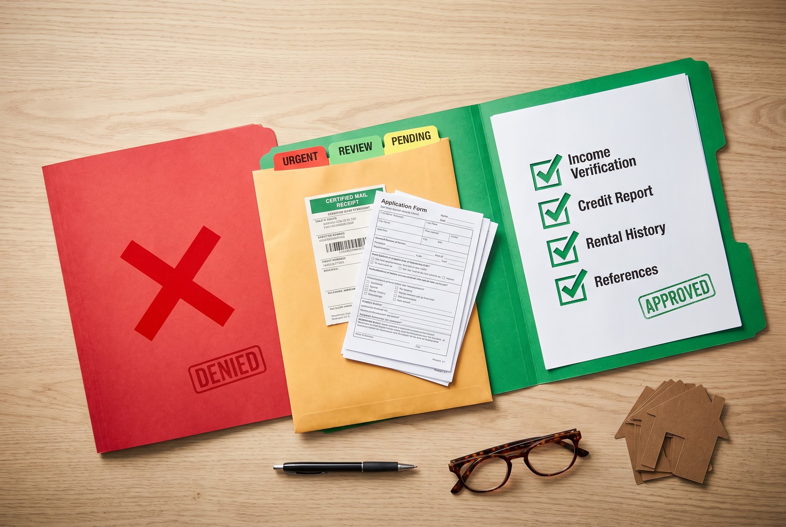 Top-down flat-lay on a light wood table showing a rental application concept: a green folder on the right holding a neat chec