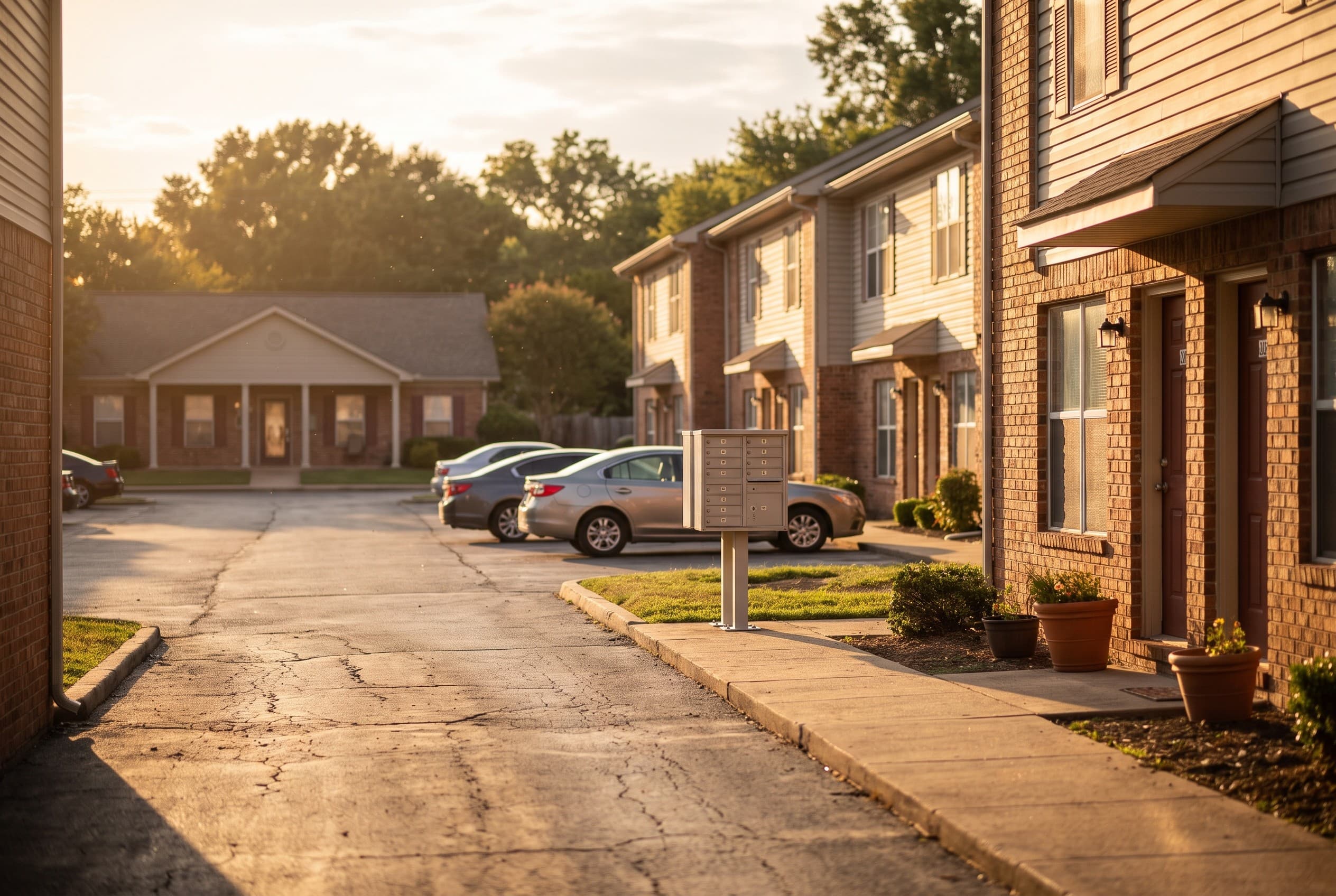 An apartment complex courtyard at golden hour, shot from the walkway looking toward a row of two-story units with a leasing o