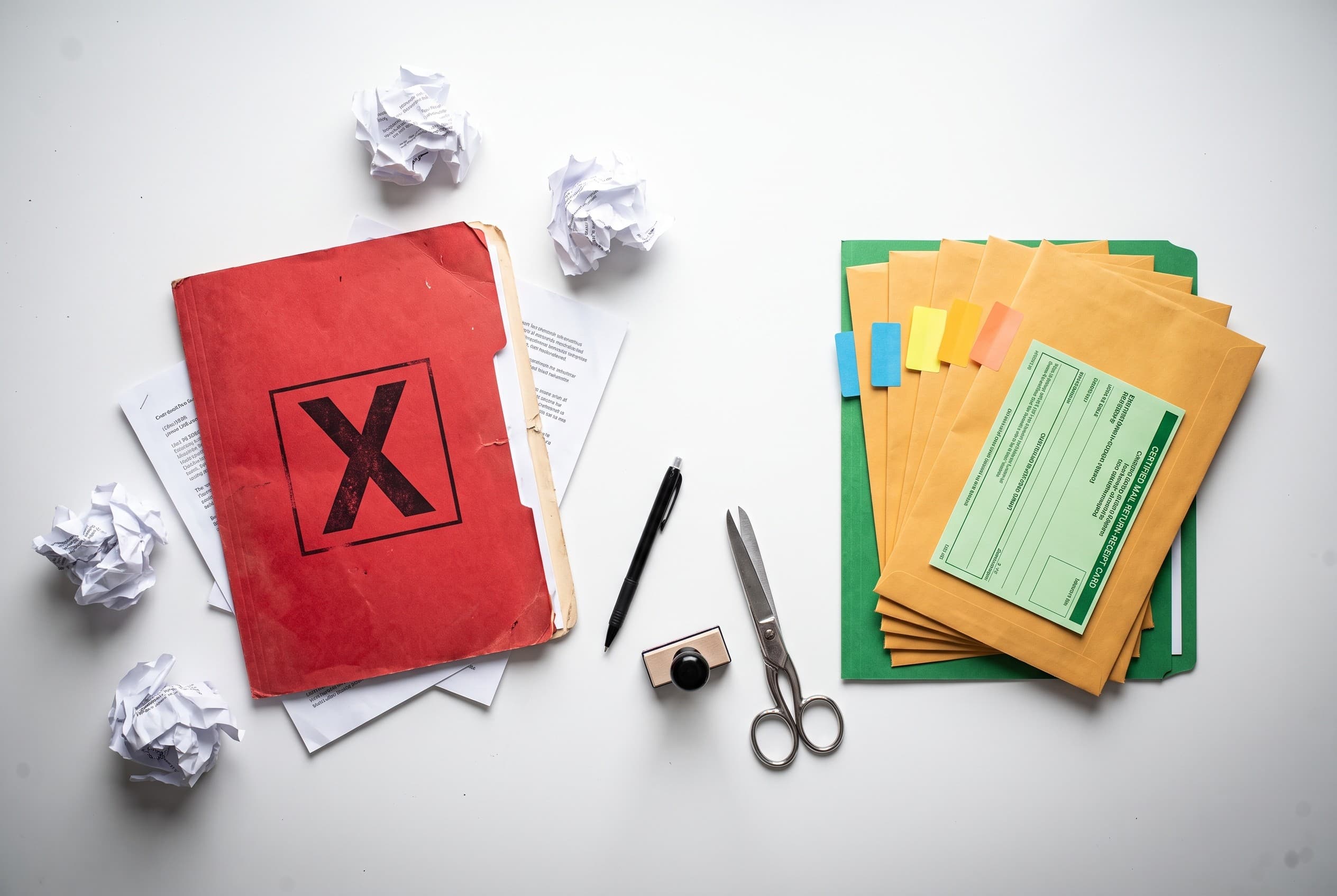 Top-down flat-lay photo on a clean white desk. On the left, a red folder stamped with a bold X shape, surrounded by a few cru