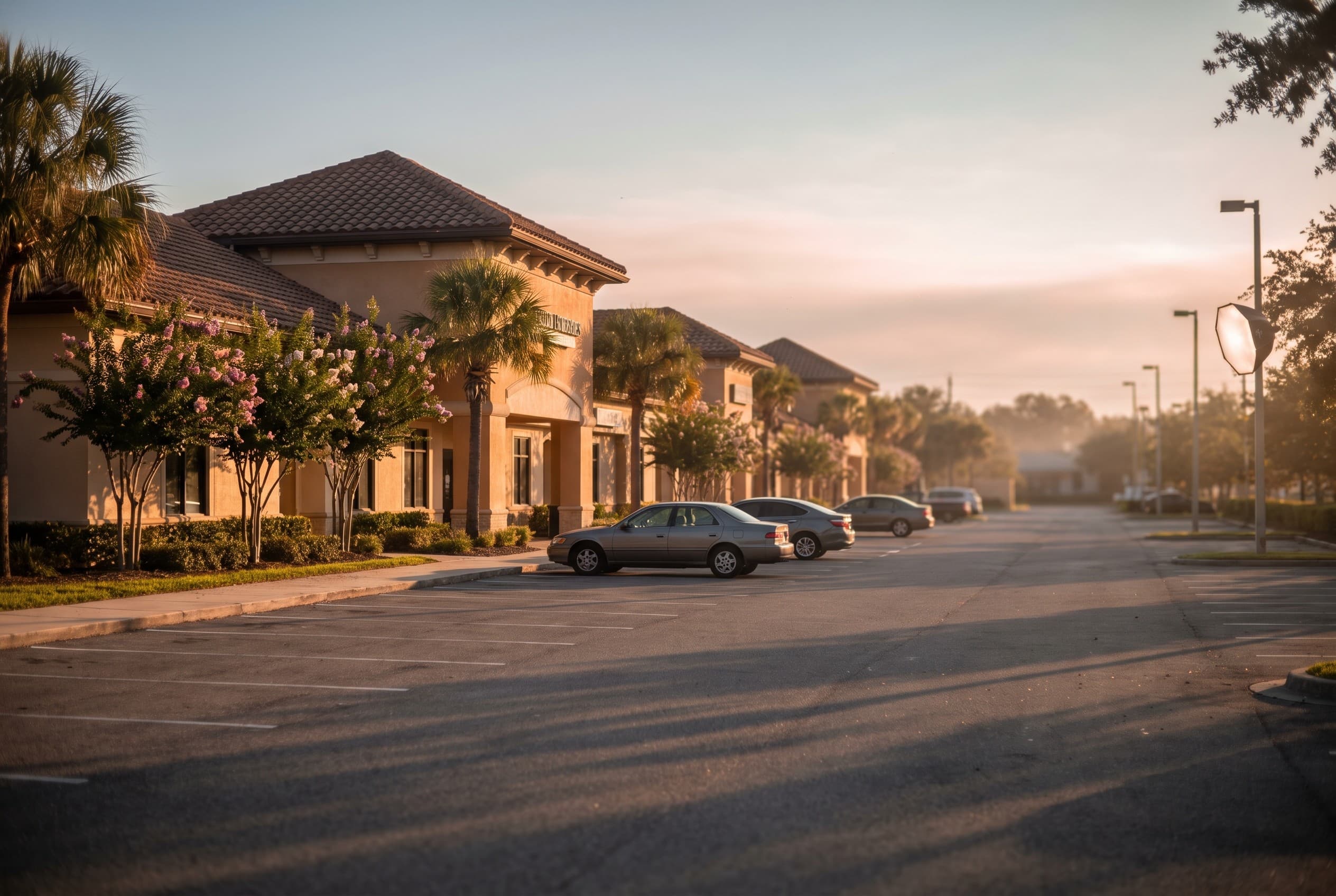 A quiet suburban strip of Altamonte Springs at golden hour, shot from a parking lot looking toward a low row of stucco office